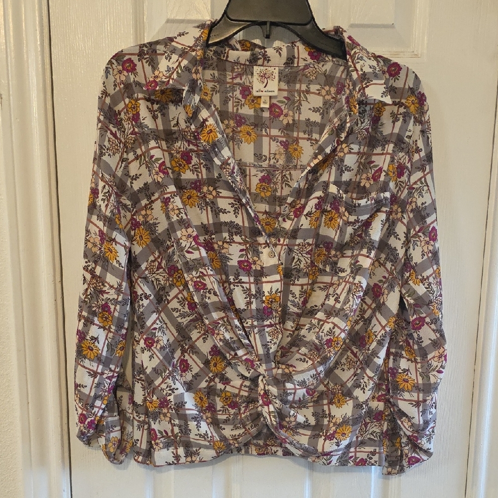 Self Esteem Multicolor Floral Plaid Blouse